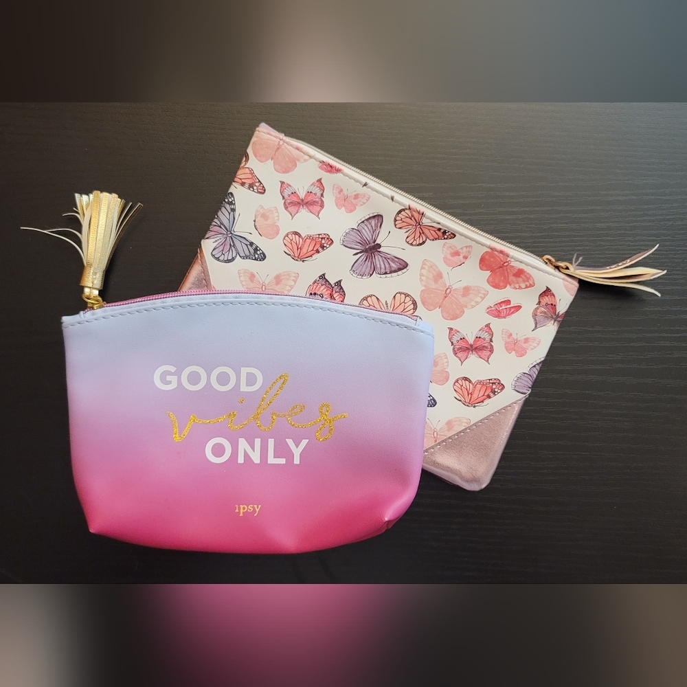 Ipsy Bag butterflies Goodvibes makeup change purse Clutch bag Pink Purple Rose
